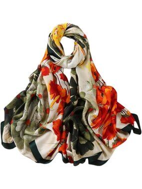 Women's White Orange Light Silk Like Scarves Flower Print Head Cotton Wrap Scarf